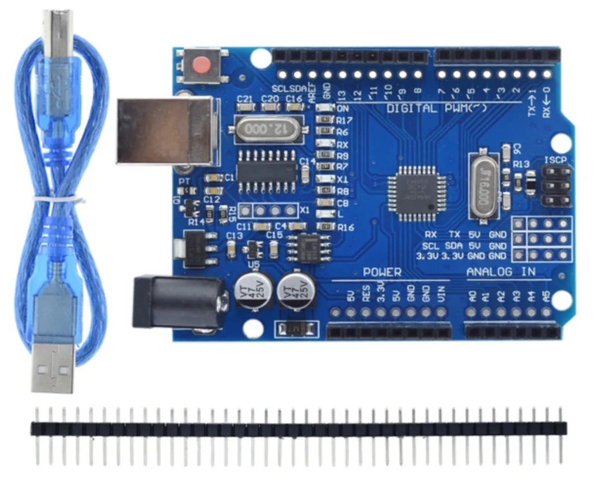 Arduino UNO R3 kompatibel inkl. USB-Kabel und Header Pins.