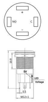 Druckknopf | Moment - Puls | 5V LED Rot | Edelstahl | 12mm – 3