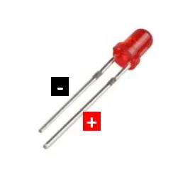 Nahaufnahme einer roten LED mit langem (+) und kurzem (-) Anschluss