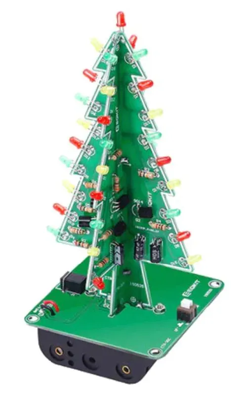 Abbildung der vollständig gelöteten Weihnachtsbaum-Platine mit roten, gelben und grünen LEDs