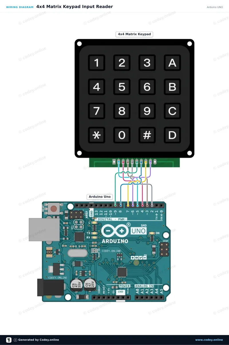 Anschlussplan: 4x4 Matrix-Tastenfeld schwarz an einem Arduino UNO